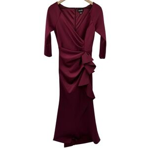 Xscape Lexi Long Formal Dress Gown Scuba Side Ruffle Size 4 Wine Burgundy V-Neck
